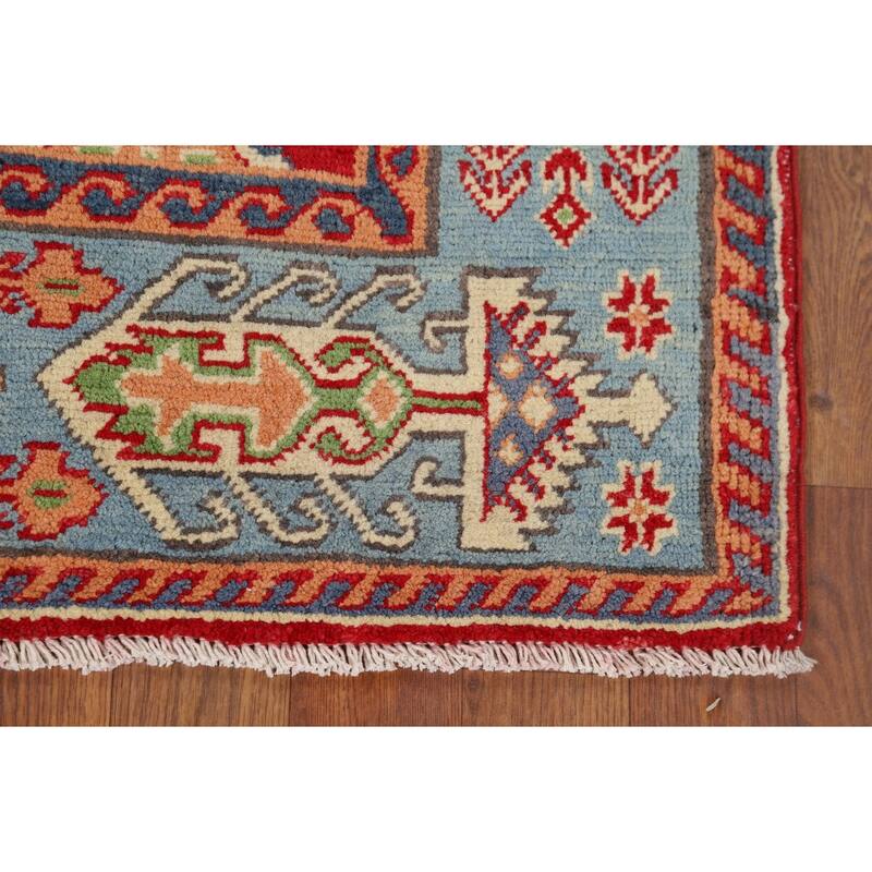 Geometric Red Kazak Accent Rug Hand-Knotted Wool Carpet - 3'2" x 4'11"
