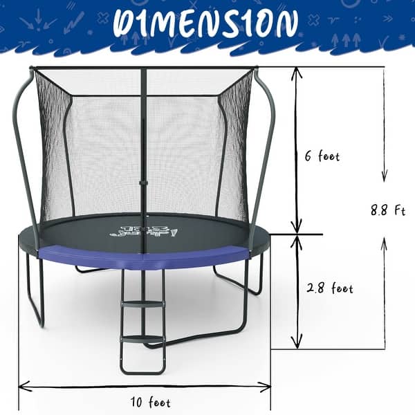dimension image slide 1 of 3, 123 JUMP 10 FT Round Trampoline with Safety Enclosure Net, Outdoor Trampoline with Ladder, ASTM Approved Trampoline for Kids