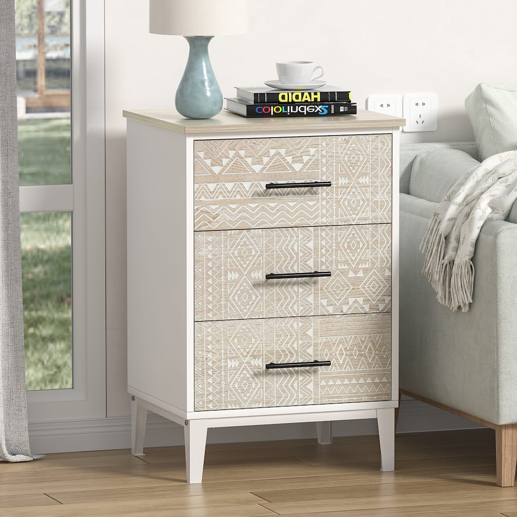 Anmytek Modern White Nightstand Wood Sofa End Table with 3 Drawers for Bedroom