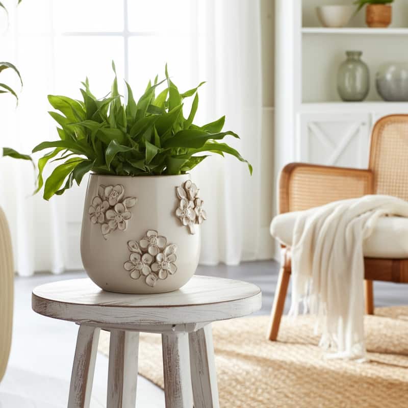 Ceramic Planter with Raised Floral Detailing and Glossy Texture