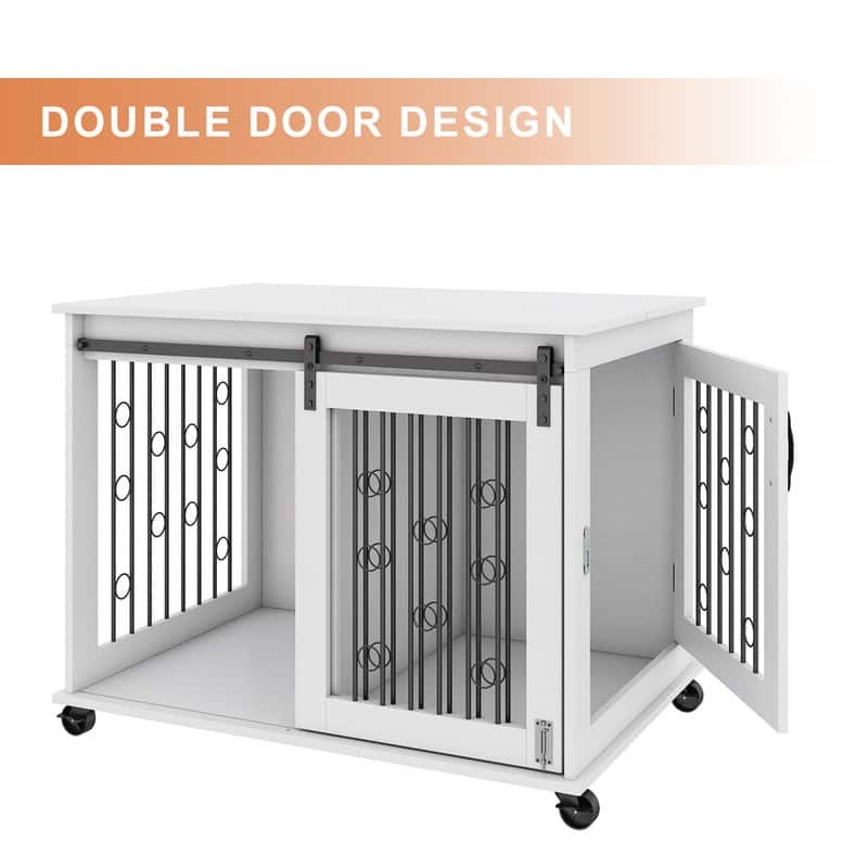 Sliding Barn Door Dog Crate Furniture with Flip-top Plate