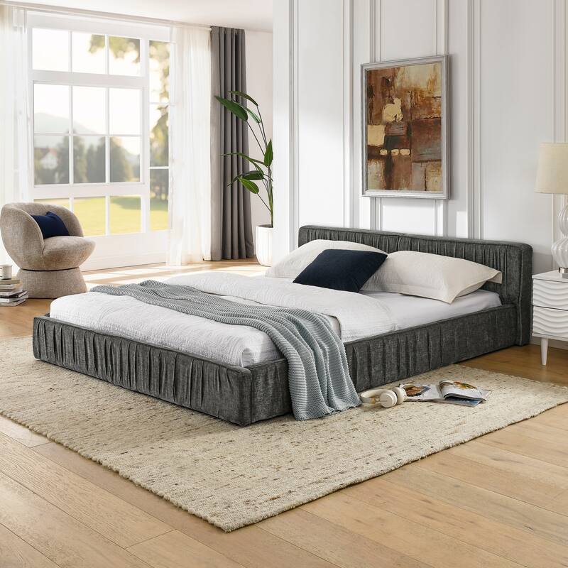 Queen Size Upholstered Bed Frame Chenille Pleated Design Grounded Platform Headboard Grey No Box Spring - DARK GREY