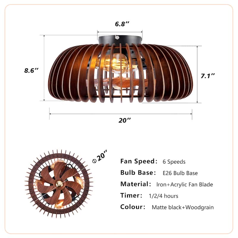 19.7" Farmhouse Flush Mount Ceiling Fans with Lights and Remote Control, Rustic Low Profile Wood Ceiling Fan