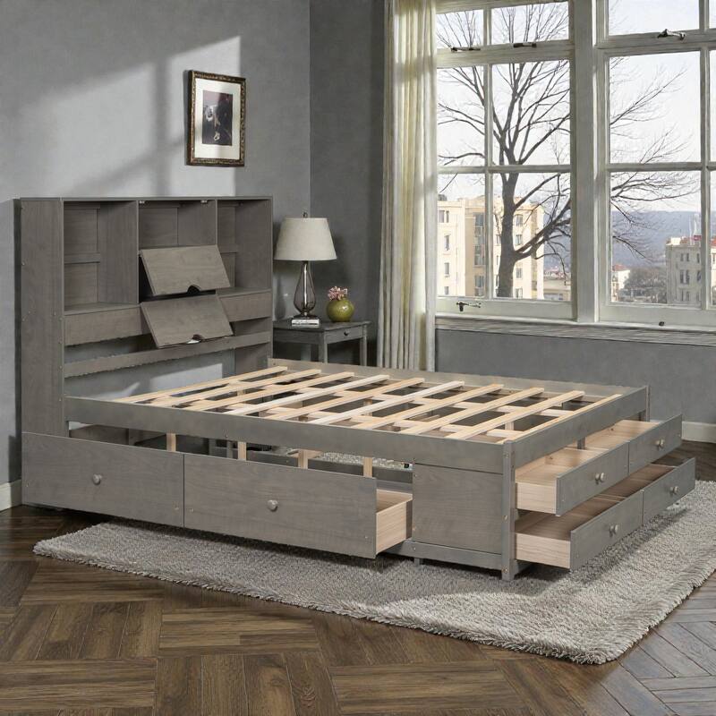 Platform Bed with Headboard Storage and 8 Drawers, Wood Bed Frame with Shelves and No Box Spring Needed