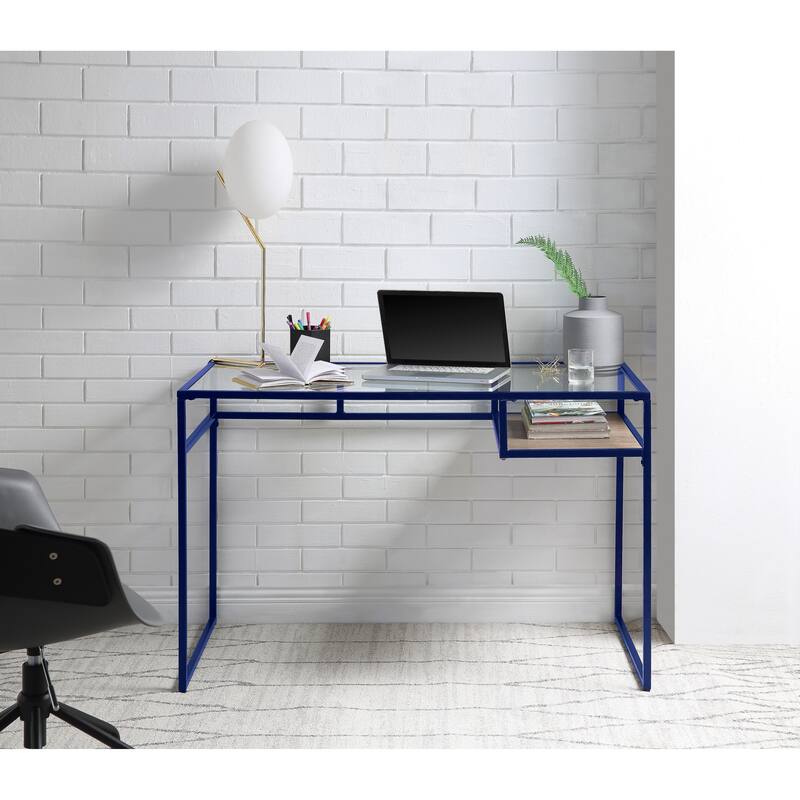 Contemporary Writing Desk with 5mm Glass Surface, Metal Sled Base, and Open Storage Shelf for Organized Workspace - Blue