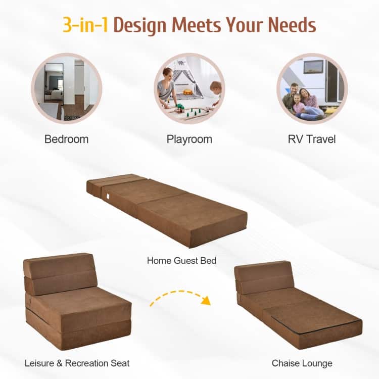 Tri-Fold Folding Chair Convertible Sleeper Bed - 75" x 28" x 6 "