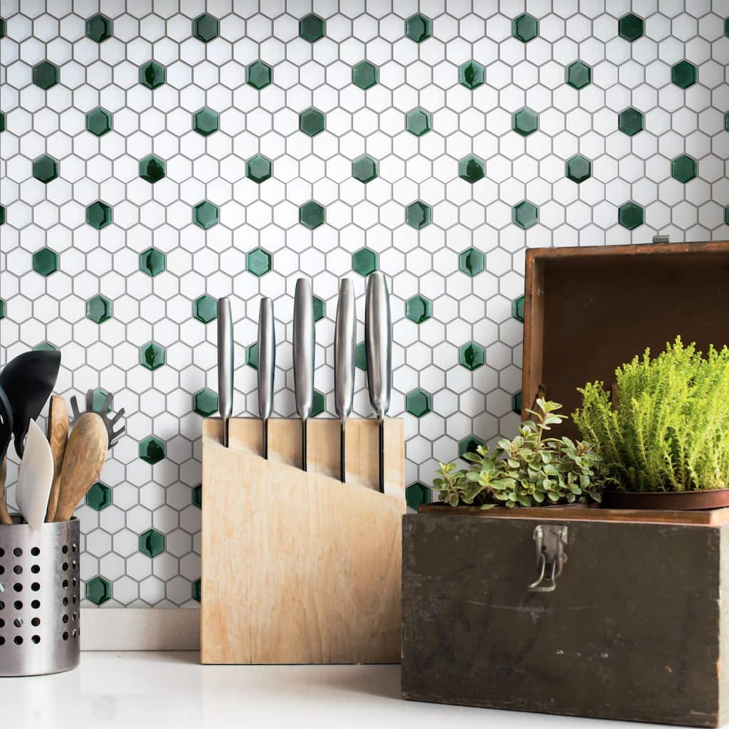 Merola Tile Metro Ion 1" Hex Emerald Dot w/Glossy White 10-1/4" x 11-7/8" Porcelain Mosaic Floor and Wall Tile