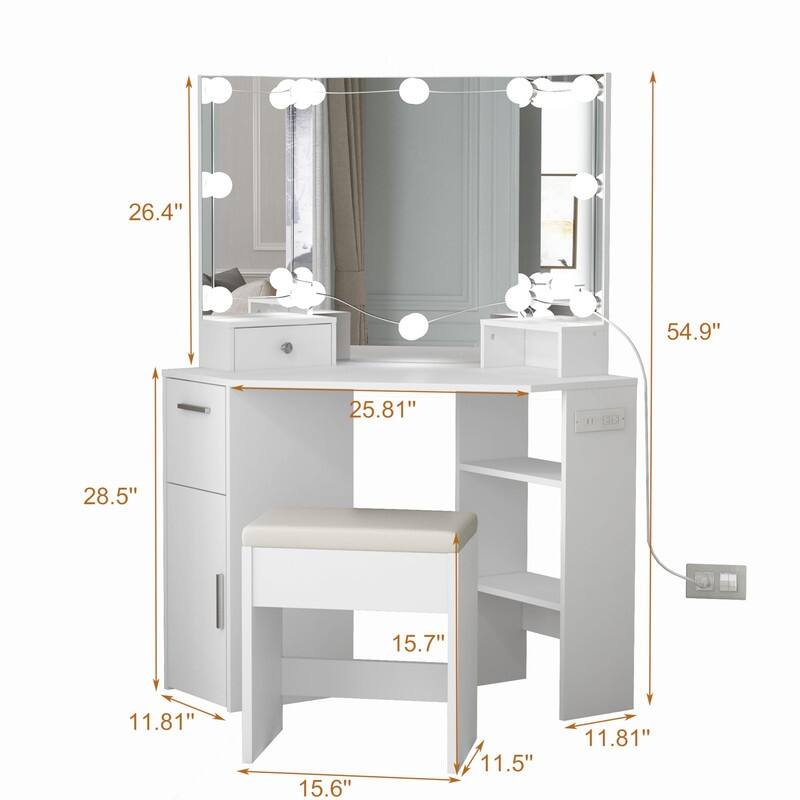 White Corner Vanity Table with LED Mirror, Drawers, Stool, Power Outlet