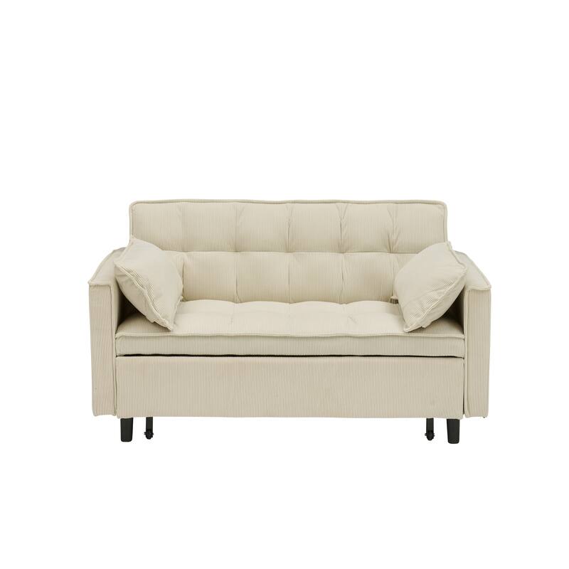 Corduroy Pull Out Loveseat Sofa Convertible Sleeper Love Seat Bed Adjustable Backrest Tufted Couch w2 Pillo & Pockets