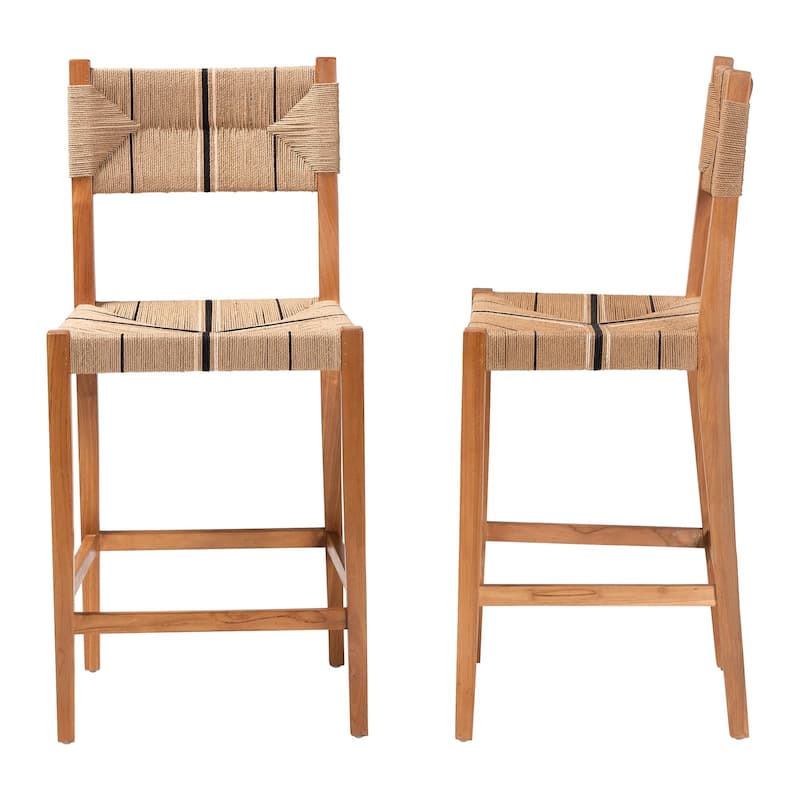 Prita Bohemian Paper Loom and Mahogany Wood 2-Piece Bar Stool Set