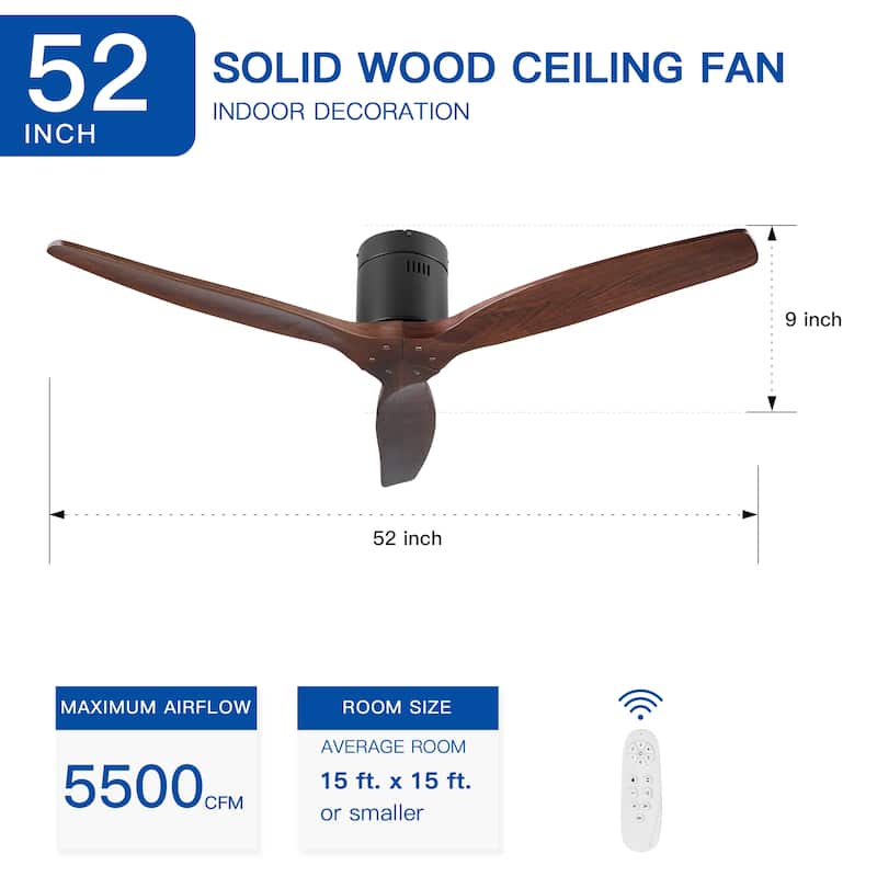 52" Farmhouse Rustic Ceiling Fan without Light - Matte Black with Solid Wood Blade