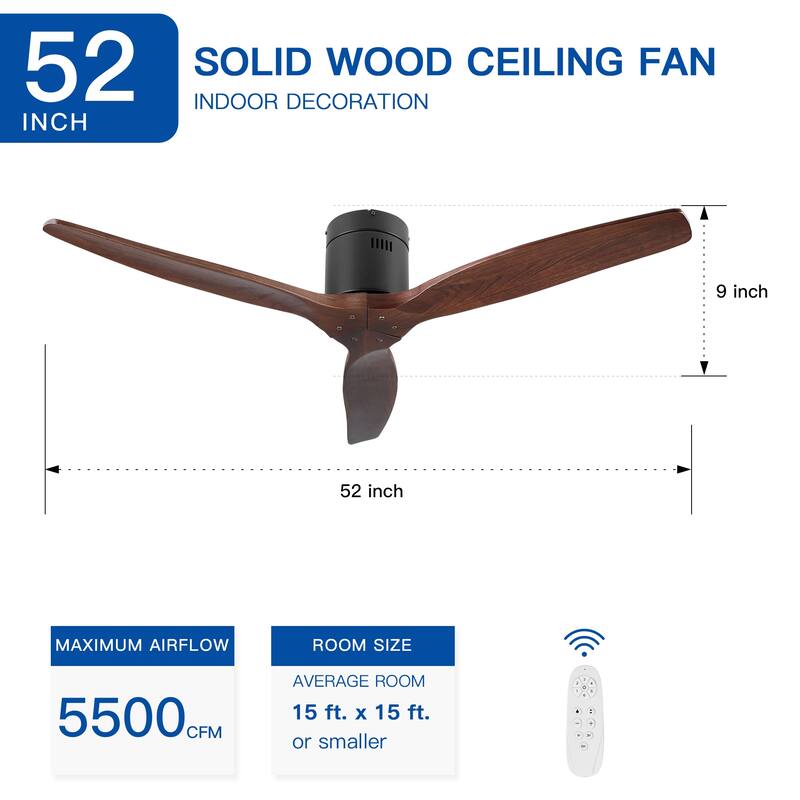 Farmhouse Walnut Ceiling Fan without Light, 6-speeds Reversible DC Motor Ceiling Fan with 3 Solid Wood Blades, 52"