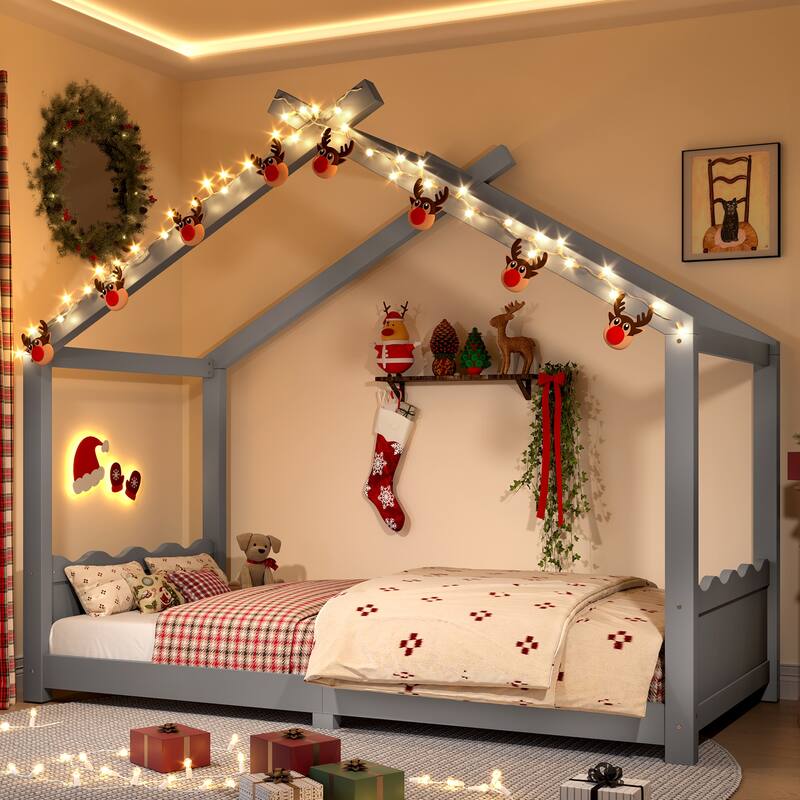 Twin House Floor Bed with Support Slats, Solid Wood House Bed Frame for Kids, No Box Spring Needed - Gray