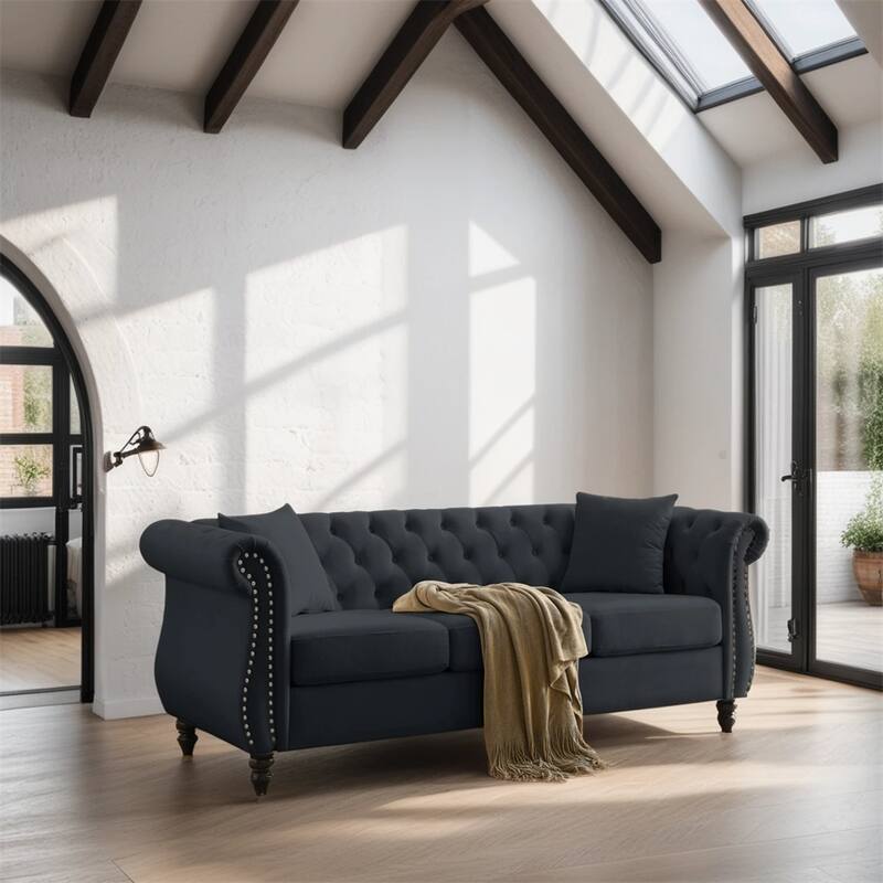 80" 3 Seater Velvet Sofa with Rolled Arms and Two Pillows