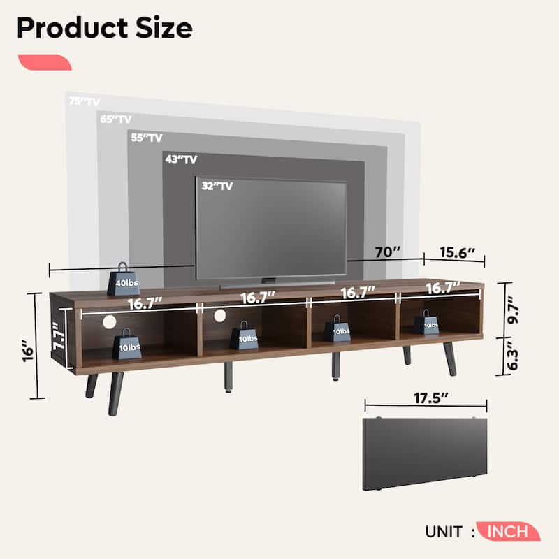 TV Stand for up to 75" TVs with Solid Wood Entertainment Center TV Console Mid-century - 70 inches