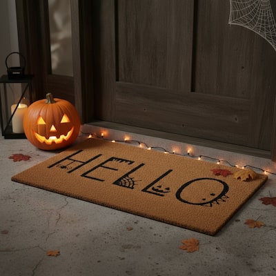 HomeRoots 24" X 36" Natural And Black Halloween Hello Outdoor Coir Door Mat - 24.00' X '36.00