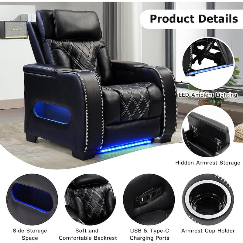 Power Recliner Chair with Adjustable Headrest, Breathable PU Leather Home Theater Seating with Ambient Lighting,Cup Holders