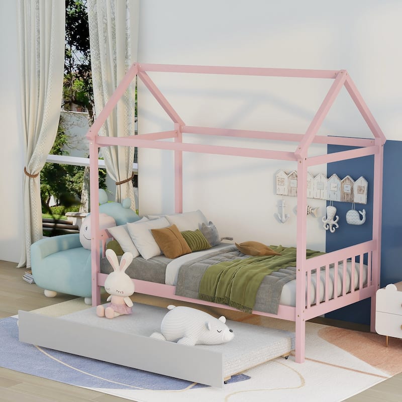 Twin Size Solid Wood House Bed with Trundle and Roof