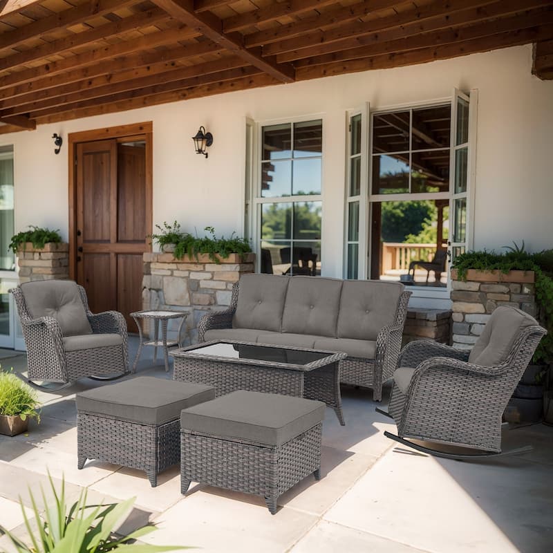 Gymojoy 7-Piece Outdoor Wicker Patio Furniture with 3 Seat Sofa, Rattan Coversation Set with Water Resistant Thick Cushions - Brown Wicker / Grey Cusion - 7-Piece