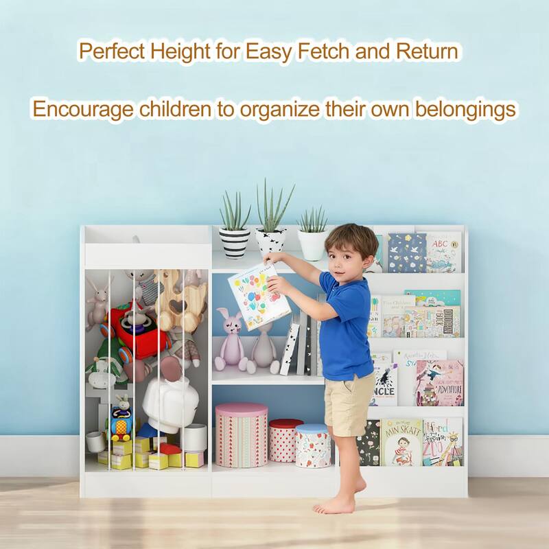 Kids Bookshelf and Toy Storage, 3-Tier Book Shelf for Kids Rooms, Sling Baby Bookcase with Stuffed Animal Storage