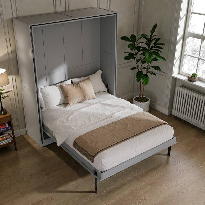 Rotating Queen Murphy Bed with Storage Shelves, 360 Degree Space Saving Wall Bed for Home Office