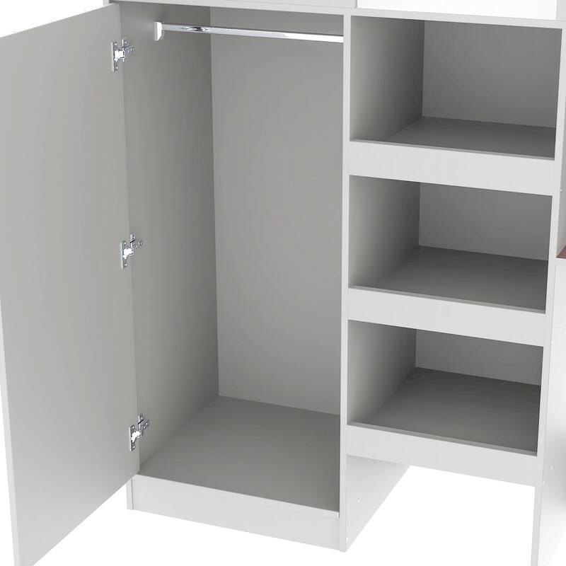 Full Size Loft Bed with Built-in Wardrobe, Desk, Storage Shelves and Drawers, Grey