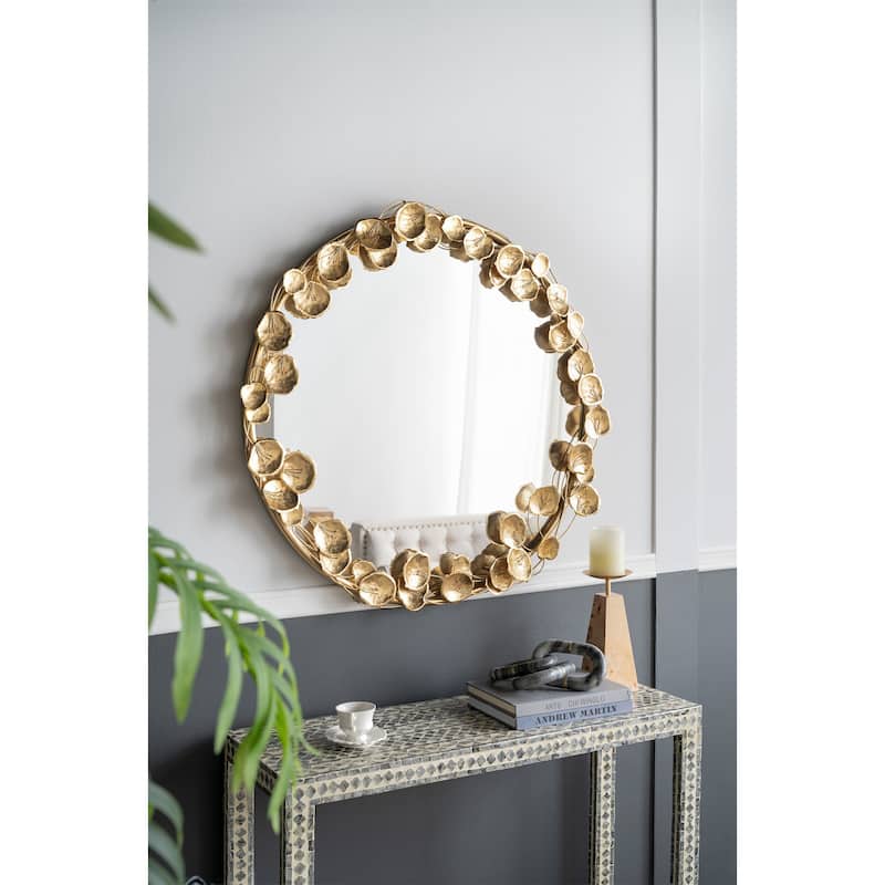 Round Metal Wall Mirror with Golden Leaf Accents