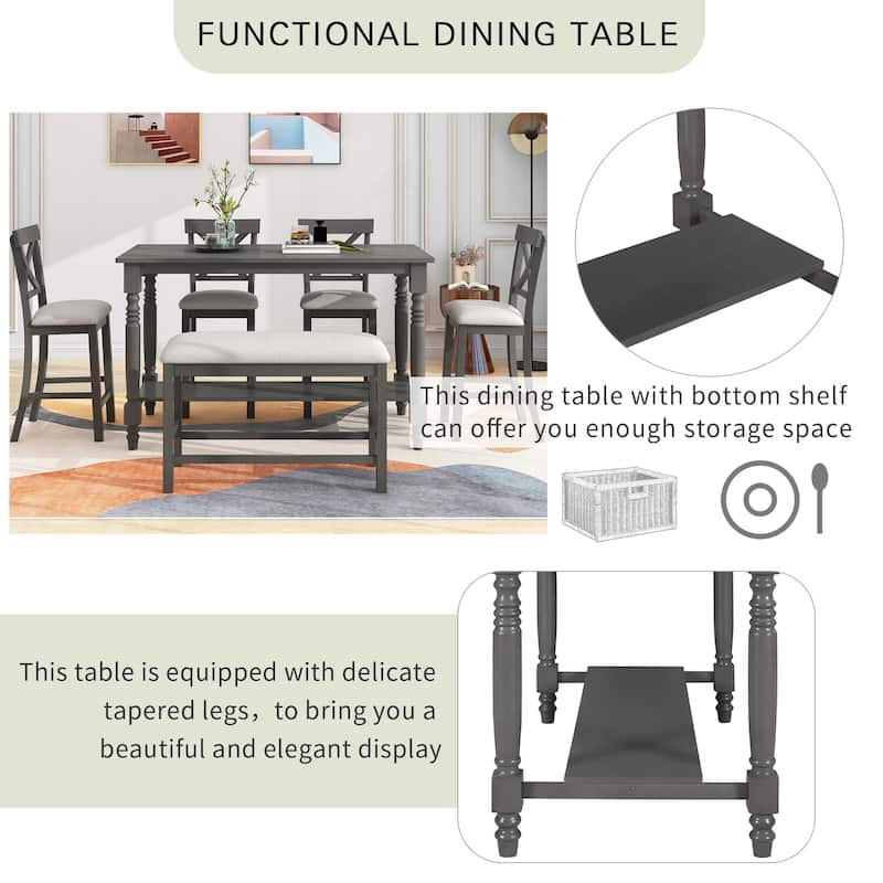 Gray Vintage 6-Piece Counter Height Wooden Dining Table Set with 4 Chairs