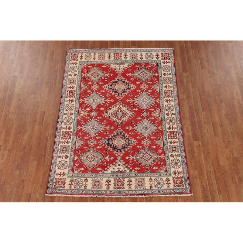 Geometric Red Kazak Rug Hand-Knotted Bedroom Wool Carpet - 4'10" x 6'9"