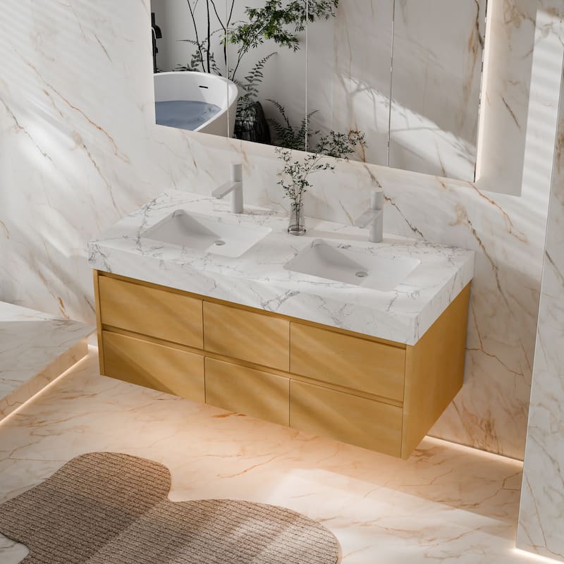 Modland 48" Wall-Mount Double Vanity with LED Lights & 6 Soft-Close Drawers - Engineered Stone Top, Maple Finish - 48 inch