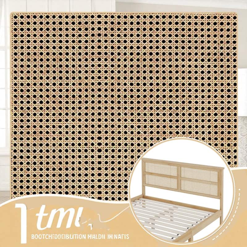 Queen Size Solid Rubber Wood Bed with Rattan Headboard, Durable Frame with Central Support Feet and Under-Bed Storage