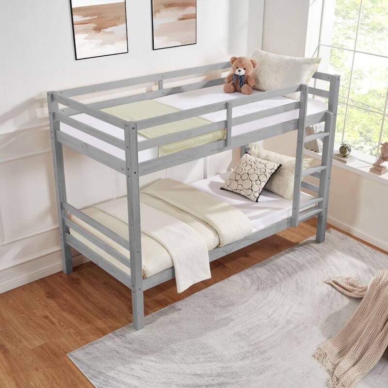 Twin Bunk Bed,Wooden,High Guardrail,Ladder,Kids Teens,Dorm Guest