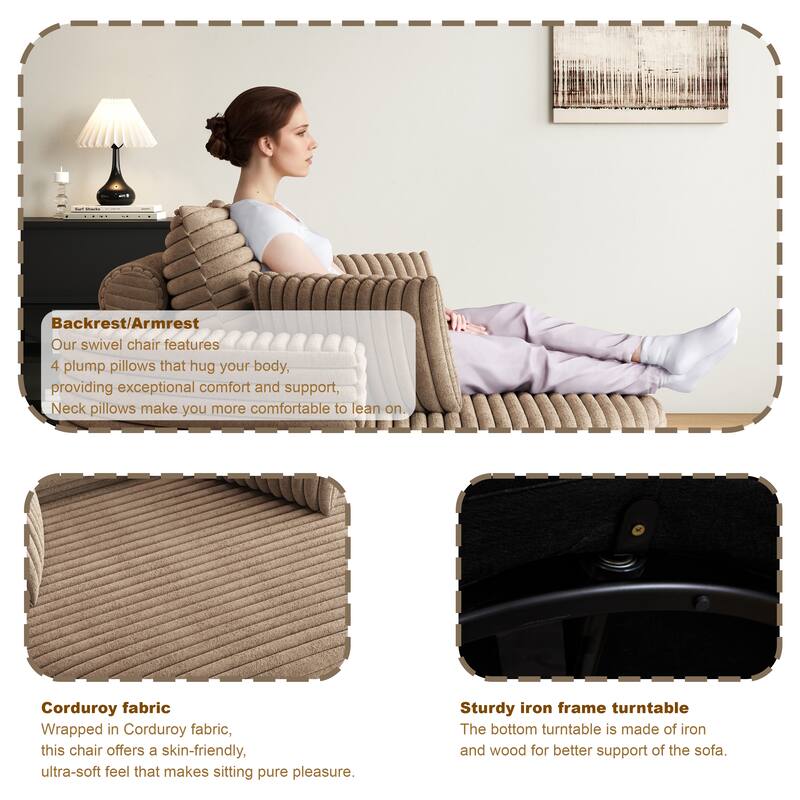 Oversized Swivel Accent Chair, Corduroy Round Lounge Sofa Chair, Upholstered Reading Armchair with Back Cushion & 2 Pillows