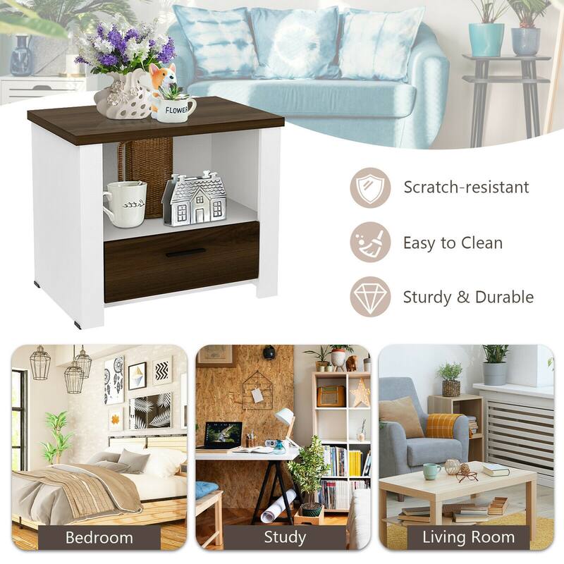Gymax Accent Nightstand with Drawer and Open Shelf Sofa End Table