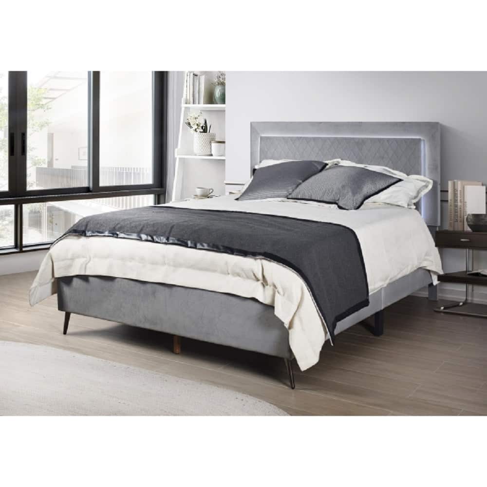 Modern Upholstered Platform Bed with Adjustable LED Headboard, Dark Gray