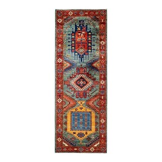Hand Knotted Traditional Tribal Wool Green Area Rug - 2' 9" x 7' 7"