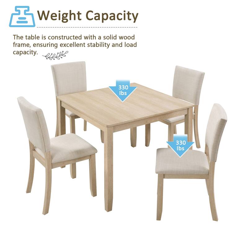 Modern Dining Table Set with Linen-Padded Seats and Backrests, for Living Rooms Kitchens, 4-Piece Set, Light Oak + Beige