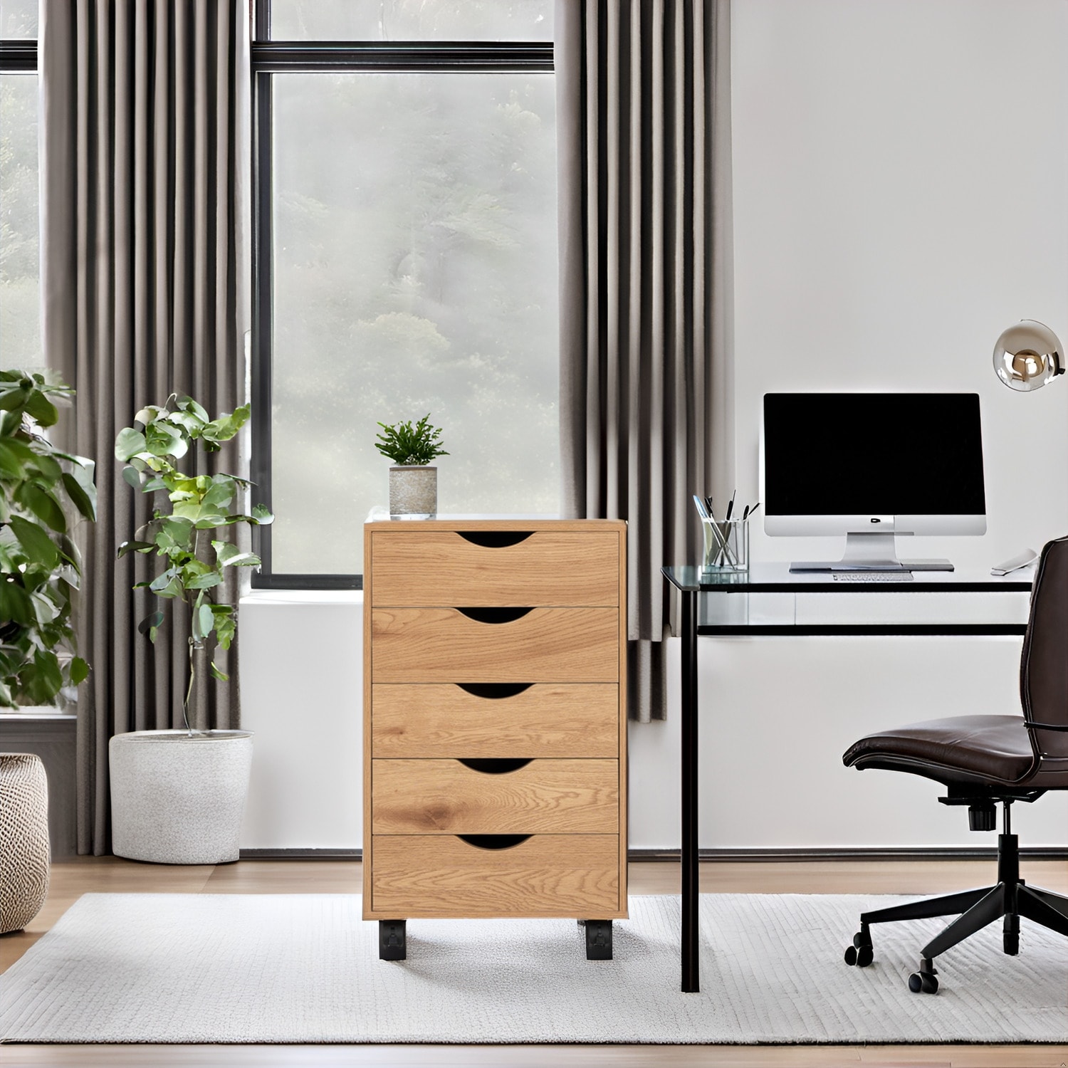 Portable Wooden 5-Drawer Cabinet with 360° Wheels, Easy Pullout Design, and Extra Top Storage