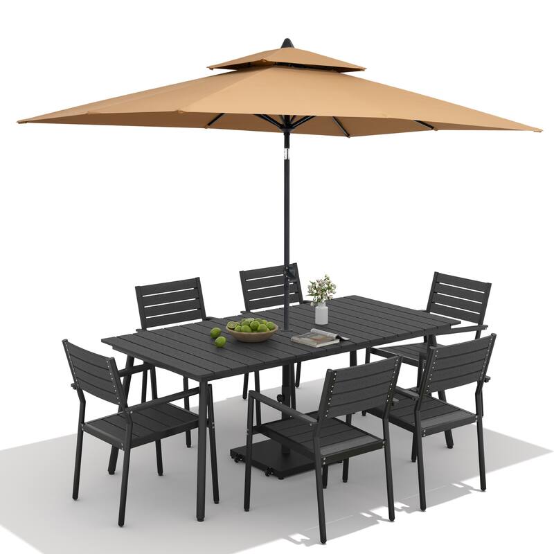 9-Piece Outdoor Dining Set Aluminum Table and 8 Stackable Chairs and 10 ft Umbrella with Base