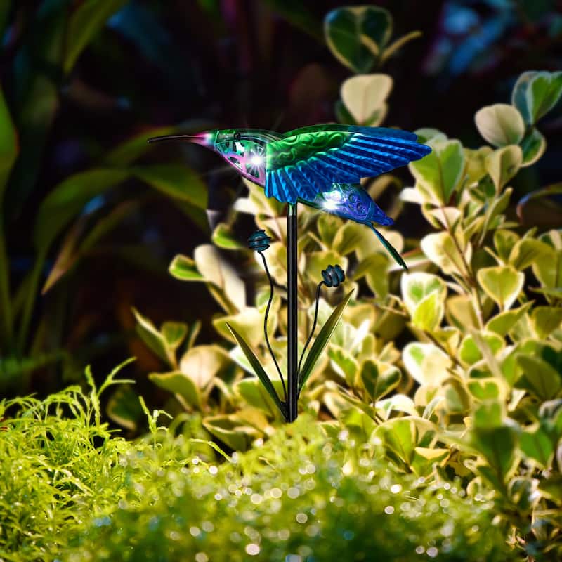 Glitzhome Outdoor Solar Lighted Garden Stake Frog Hummingbird Design