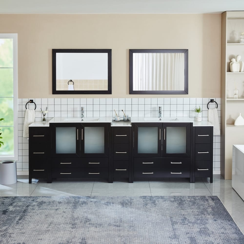 Vanity Art 108" Double Sink Bathroom Vanity Set 13 Dove-Tailed Drawers 3 Cabinets 2 Shelves Soft-Closing Doors with Free Mirror