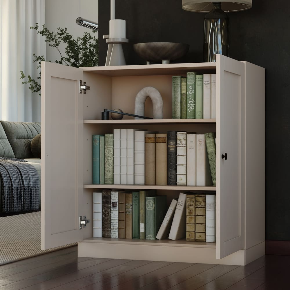 Palace Imports 100% Solid Wood 3-Shelf Bookcase with Shaker Doors and Adjustable Shelves