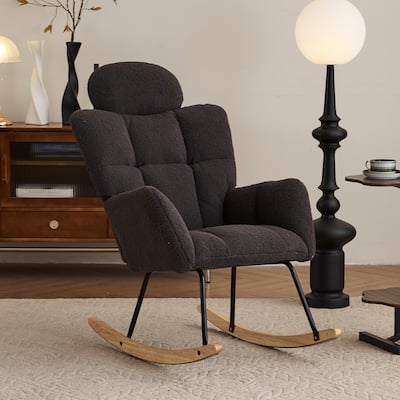 Comfortable Teddy Fabric Upholstered Rocking Chair with High Backrest and Pillows for Indoor Use