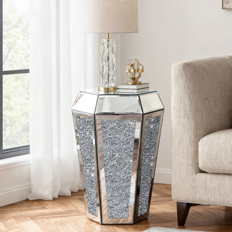 Glam Mirrored Glass End Table with Crushed Diamond Inlay