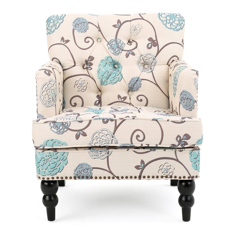Floral Fabric Club Chair with Tufted Back, Nailhead Trim & Birch Legs