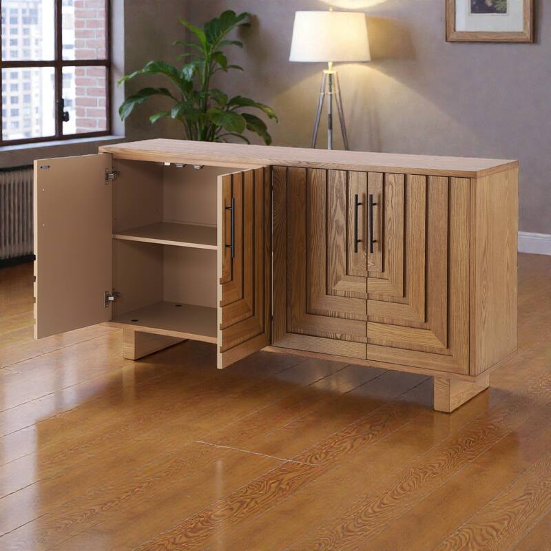 59'' Modern Black Sideboard Buffet Cabinet with 4 Doors, MDF & Ash Veneer Storage Console with Metal Handles