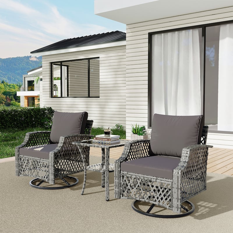 Outdoor Wicker Patio Set w Swivel Chairs & Sofa, Ottomans and Tables, Modular 3/5/6/7-Piece, All-Weather Conversation Set. - 3-Piece - Grey