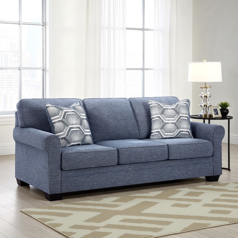 Sano Sofa, Denim Blue Polyester, 2 Accent Throw Pillows, 88 Inch