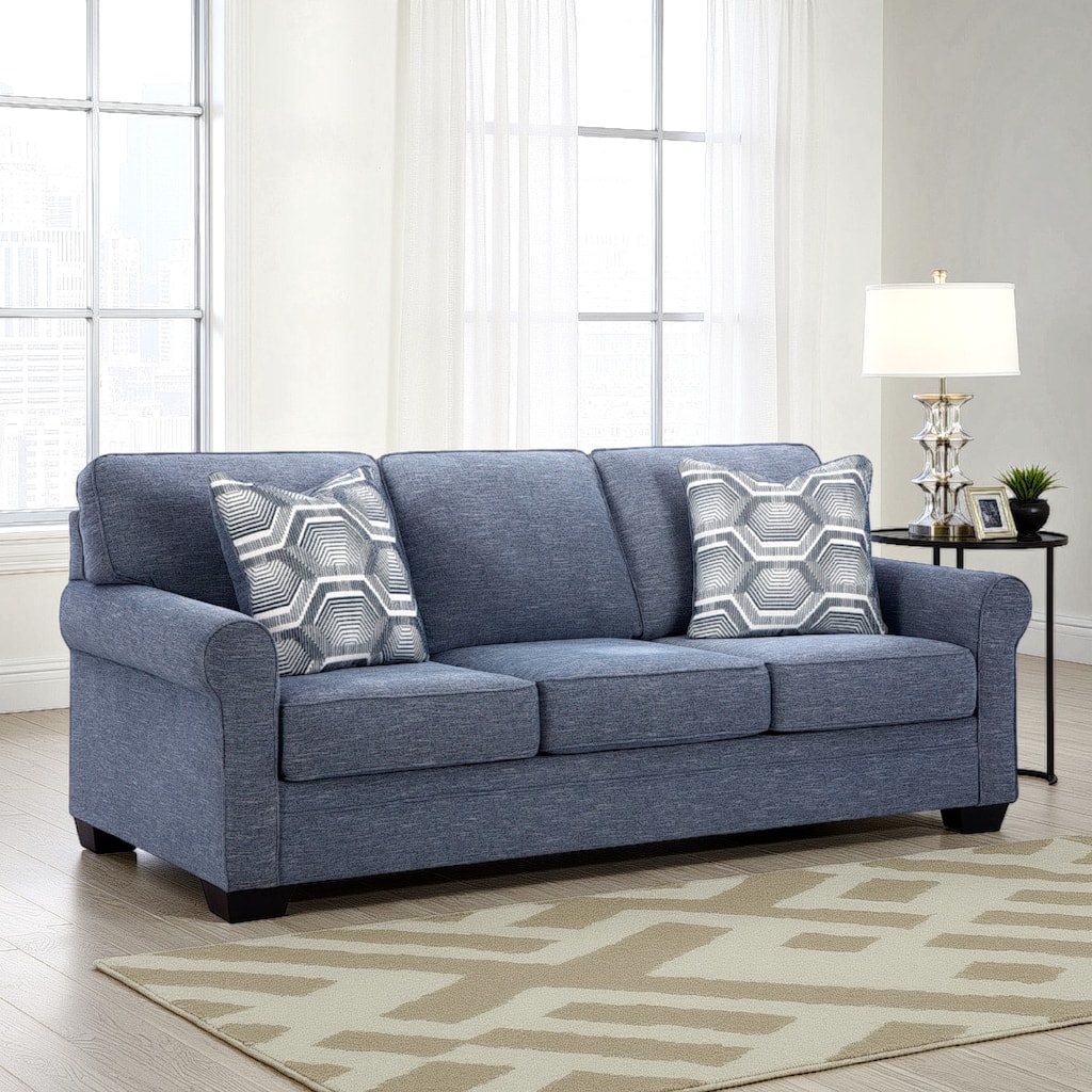 Sano Sofa, Denim Blue Polyester, 2 Accent Throw Pillows, 88 Inch