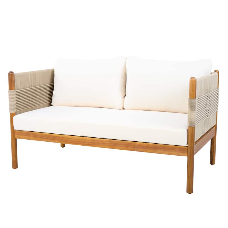 Christopher Knight Home - Xaizai Outdoor 50.35" Acacia Wood 2-Seater Loveseat with Cushions & Square Rope Arms - Beige/Brown